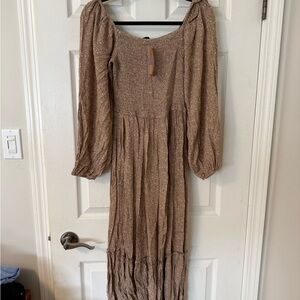 Smocked Square-Neck Maxi Dress in Taupe
